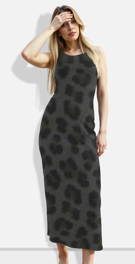 Woman wearing a black sleeveless dress with a leopard print pattern against a white background